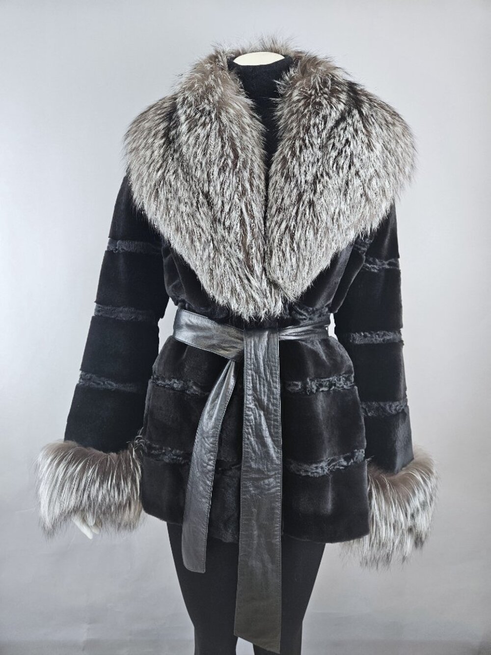Genuine Sheared Mink, Swakara and Silver Fox Jacket with Leather Belt